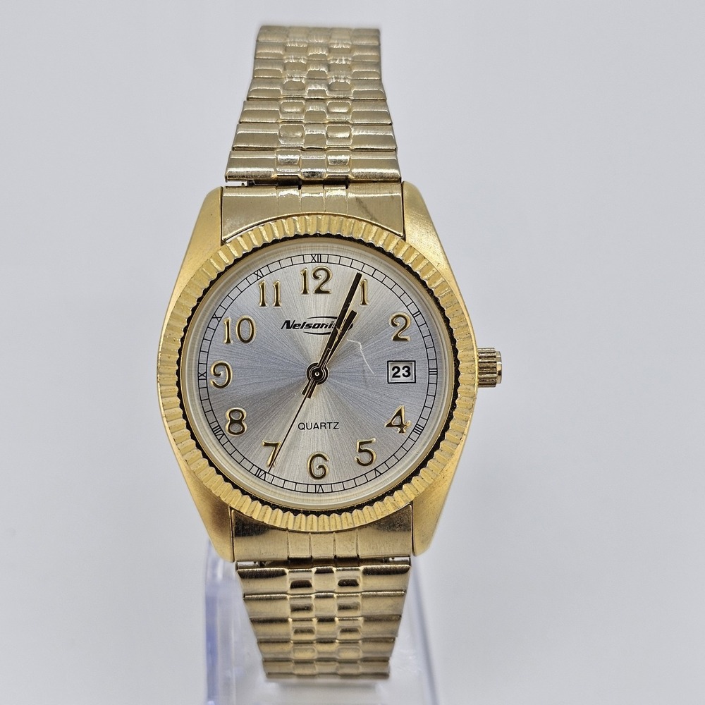 VTG Nelsonic 35MM Men's Watch Gold Dial Date Gold Expandable Band 7" New Battery
